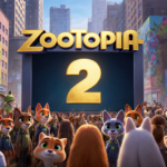 Animals gather around Zootopia 2 screen with golden title and city street background