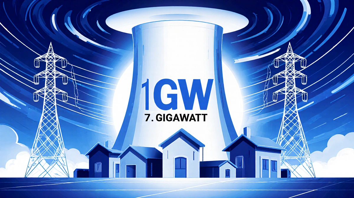 Futuristic power plant glowing with 1 GW label and halo of light showing 750000 tiny homes representing renewable energy capa