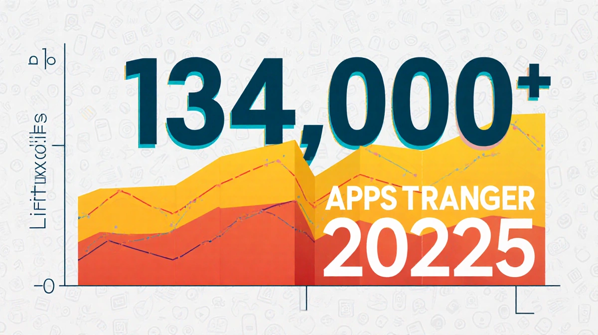 Bold infographic bar chart showing Liftoff Mobile's 140000 plus apps milestone with bright typography and mobile icon grid ba