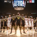 NBA All-Star starters gather on court with Eastern Conference players at center and Western Conference stars behind them