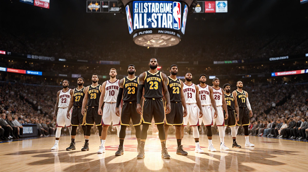 NBA All-Star starters gather on court with Eastern Conference players at center and Western Conference stars behind them