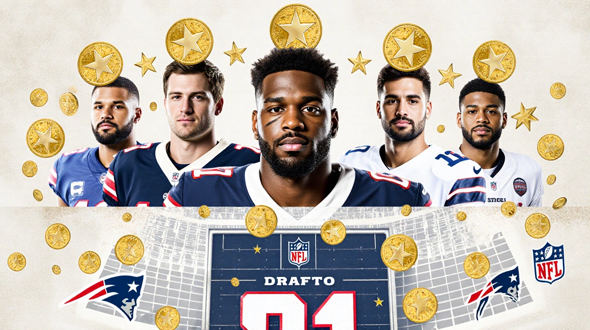 Dante Moore leads five quarterback prospects wearing NFL jerseys with gold draft coins above their heads and team logos surro