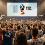 Excited soccer fans celebrating in crowded stadium with World Cup jerseys and FIFA logo screen