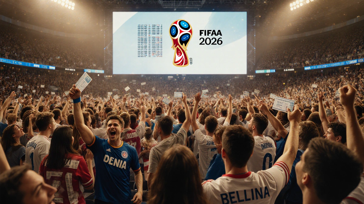 Excited soccer fans celebrating in crowded stadium with World Cup jerseys and FIFA logo screen