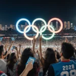 Excited fans cheer and high-five with 2028 Olympics tickets and LA skyline behind them