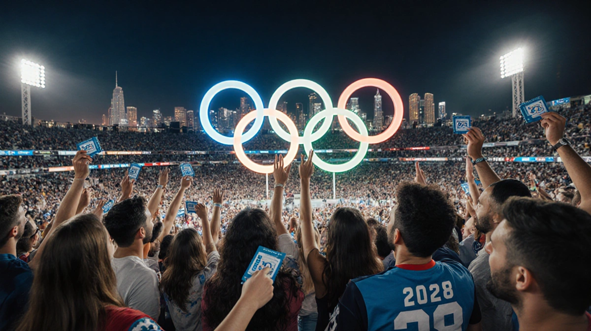 Excited fans cheer and high-five with 2028 Olympics tickets and LA skyline behind them