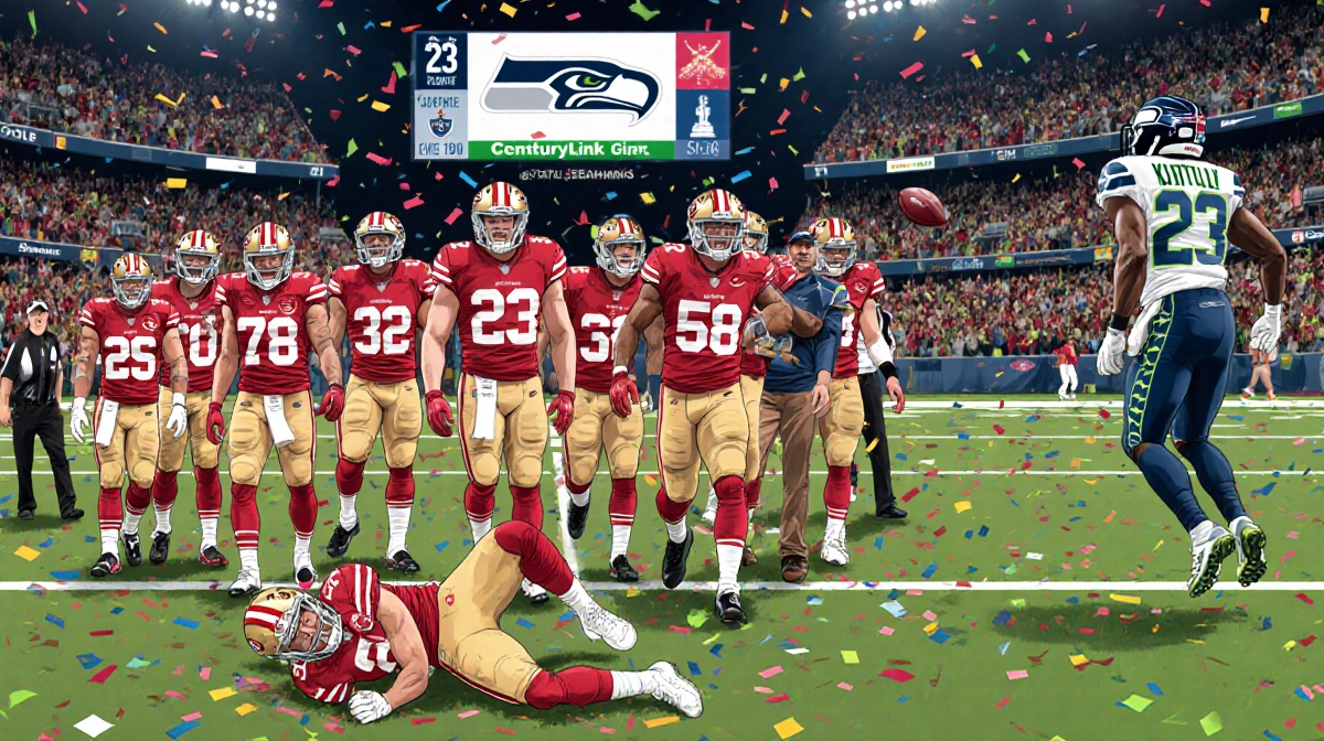 San Francisco 49ers players celebrating victory with confetti as Brock Purdy throws a touchdown pass and Seahawks fans watch 