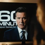 TV anchor reporting on Trump deportations with 60 Minutes logo and shadowy figure behind screen