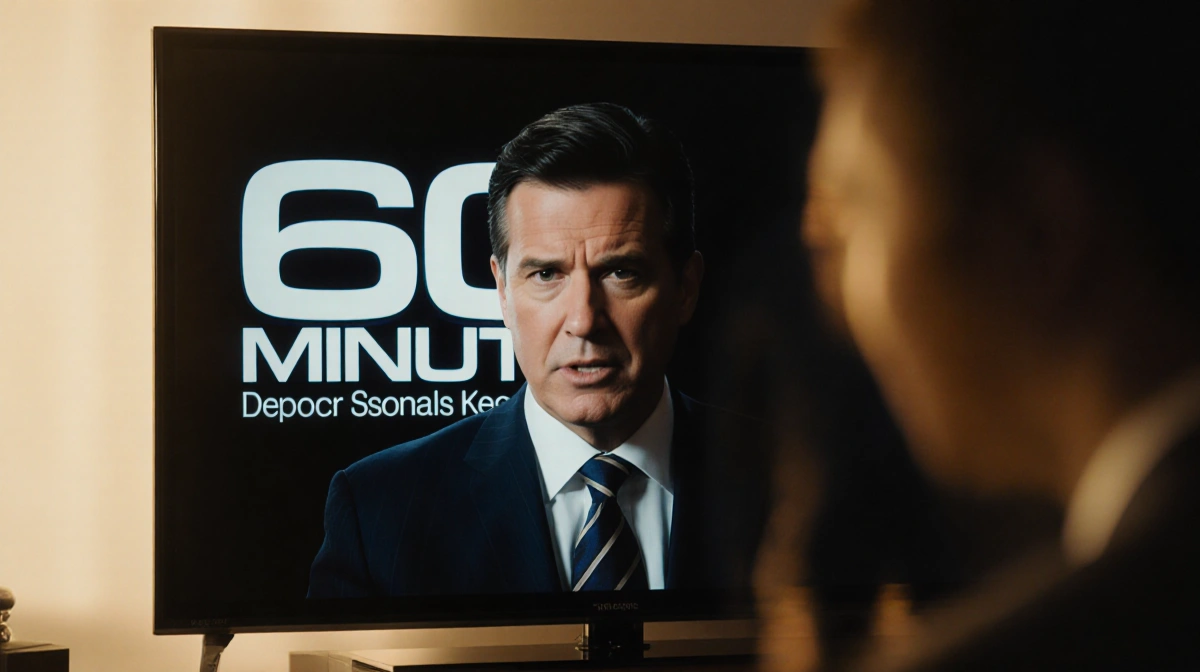 TV anchor reporting on Trump deportations with 60 Minutes logo and shadowy figure behind screen
