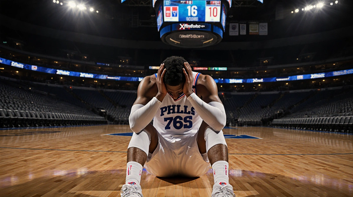Philadelphia 76ers player sitting alone on court with head in hands and empty seats showing final score 116-110