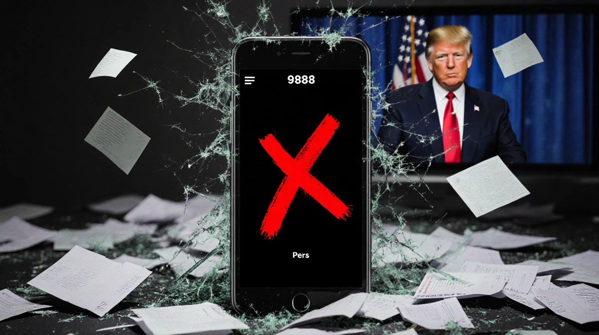 Phone marked with red X lies shattered with 988 crisis hotline screen blacked out and papers scattered nearby