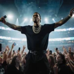 A$AP Rocky holds a mic with arms outstretched and fans raise hands during a Philadelphia concert under bright LED lights