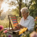 Middle-aged person playing abacus with books and flowers showing mental wellness
