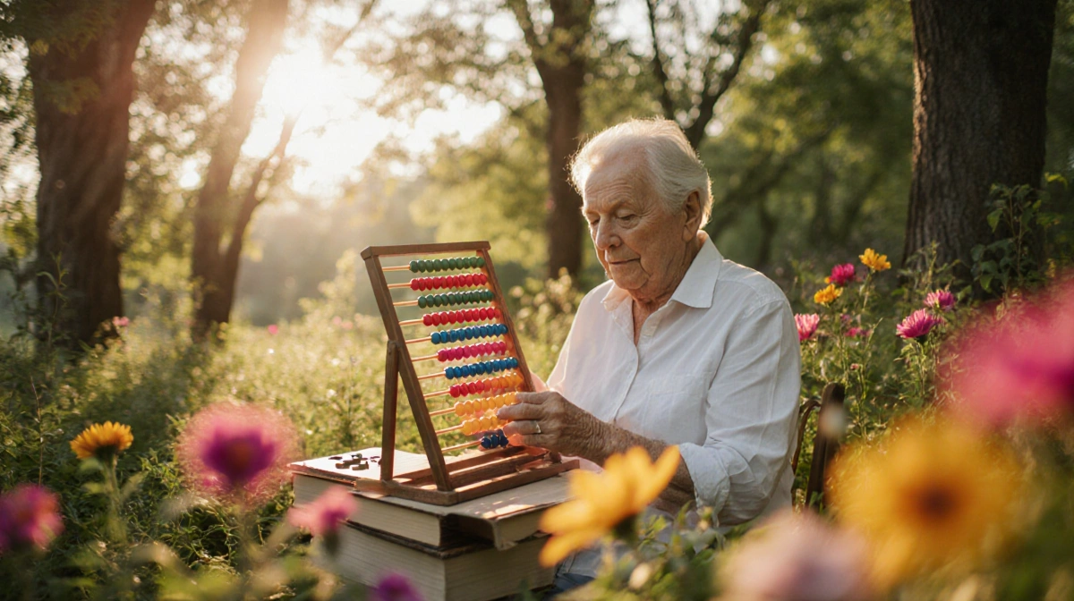 Middle-aged person playing abacus with books and flowers showing mental wellness
