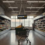 Abandoned shopping cart stands with bare shelves and a crooked Amazon Go sign.