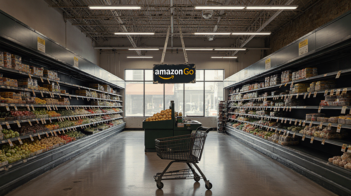 Abandoned shopping cart stands with bare shelves and a crooked Amazon Go sign.