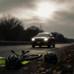 Dark sedan driving away with headlights casting eerie glow near abandoned bicycle.