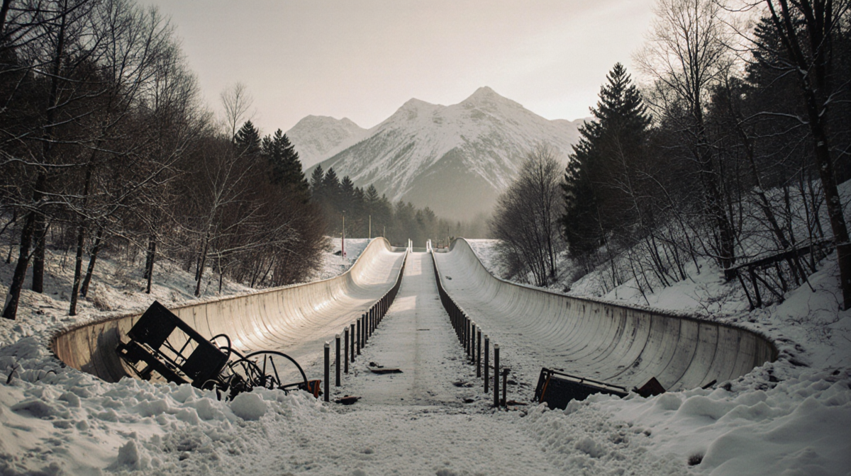 Snow-covered abandoned bobsleigh track winds through trees with collapsed ice rink and scattered gear.