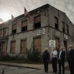 Lehigh County officials standing outside a dilapidated building with protest signs and looking up