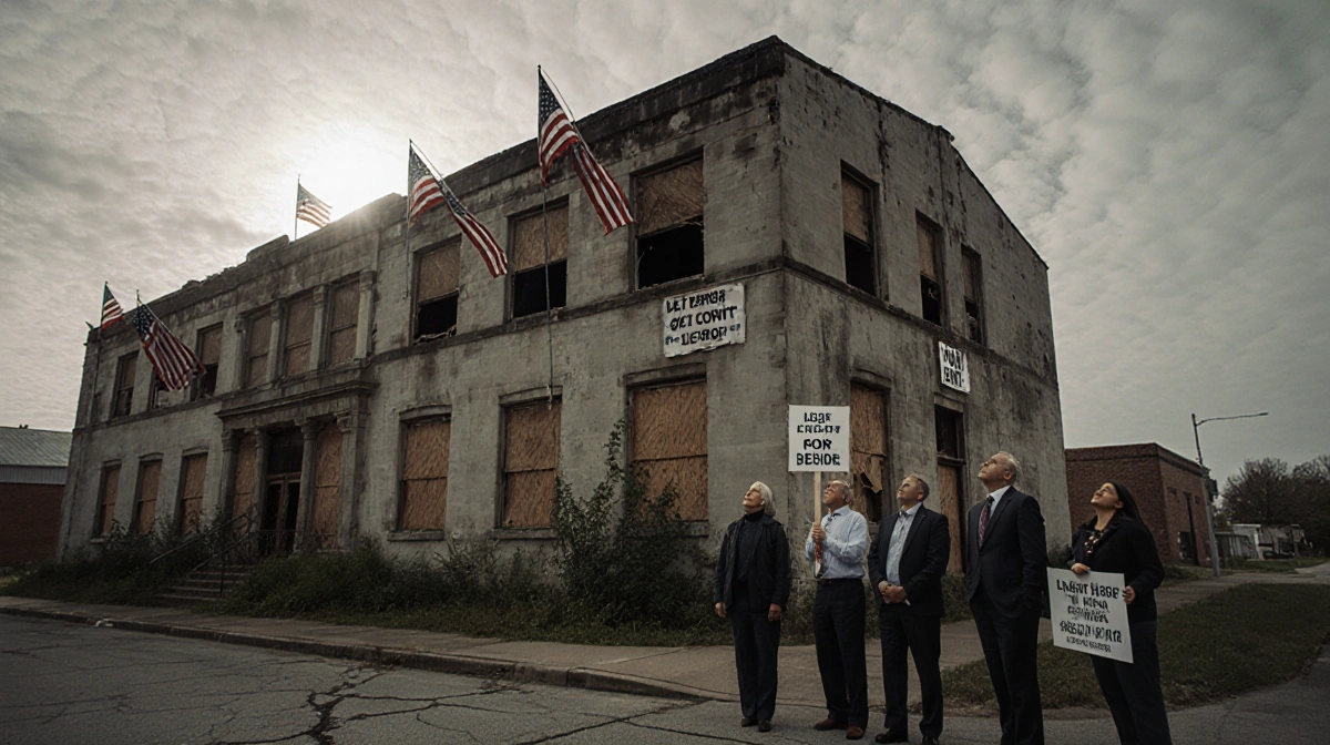 Lehigh County officials standing outside a dilapidated building with protest signs and looking up