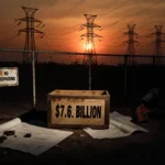 Empty crate labeled $7.6 billion sits in abandoned construction site with faded no trespassing sign and scattered blueprints