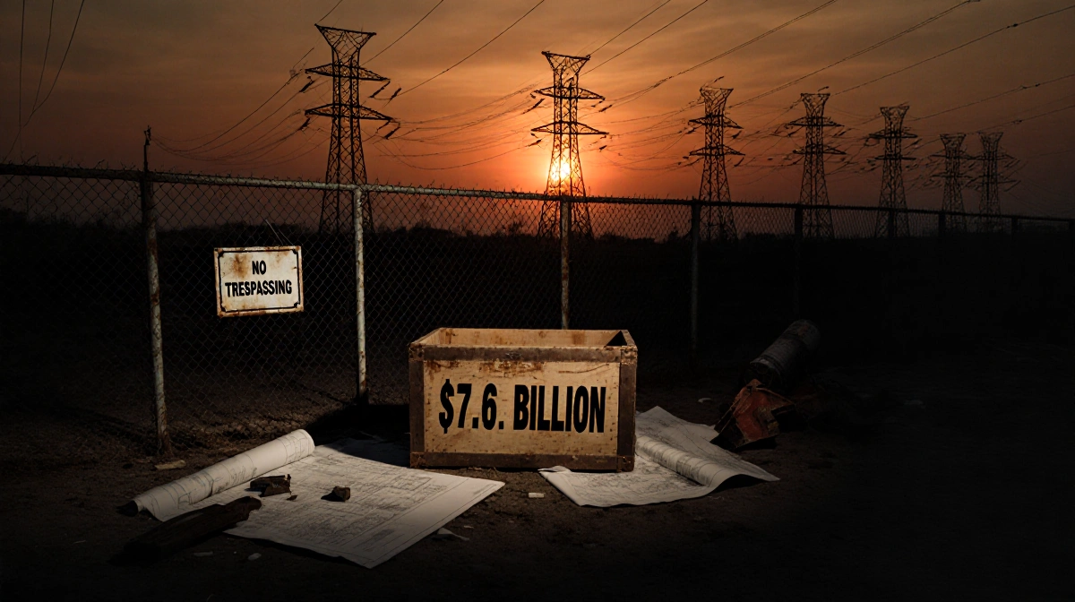 Empty crate labeled $7.6 billion sits in abandoned construction site with faded no trespassing sign and scattered blueprints