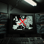 Light casts glow on monitor, showing map of Europe with red X over Russia in abandoned power room.