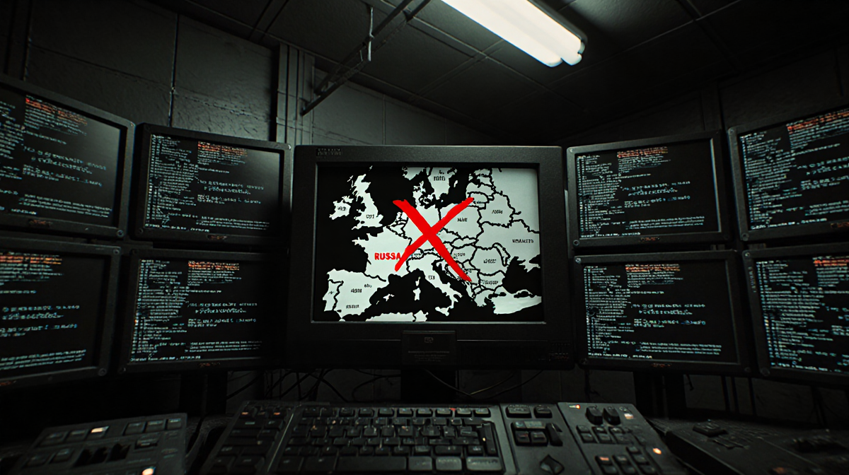 Light casts glow on monitor, showing map of Europe with red X over Russia in abandoned power room.