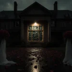 Spotlight shines on shattered club entrance window with rose petals and abandoned wedding decorations scattered on wet paveme