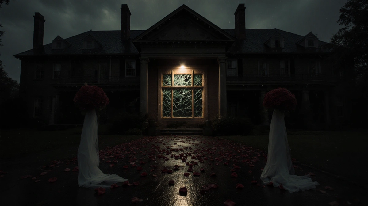 Spotlight shines on shattered club entrance window with rose petals and abandoned wedding decorations scattered on wet paveme