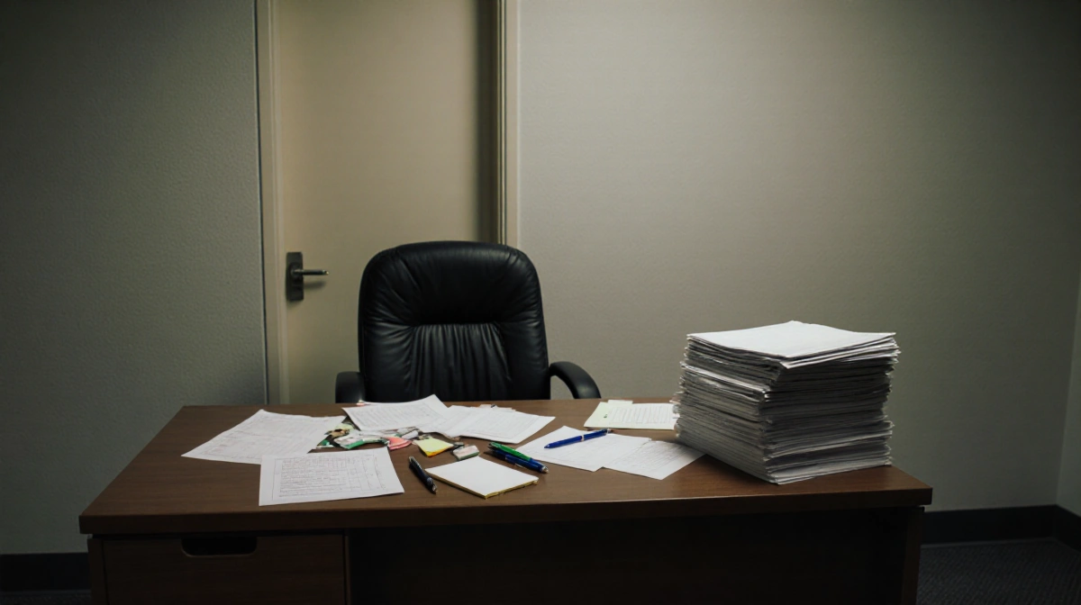 Empty office desk with abandoned papers and pens showing closed complaint investigation area