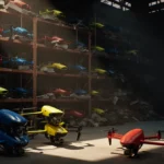 Abandoned warehouse stores rows of colorful drones with empty spaces showing recent removal and sale sign