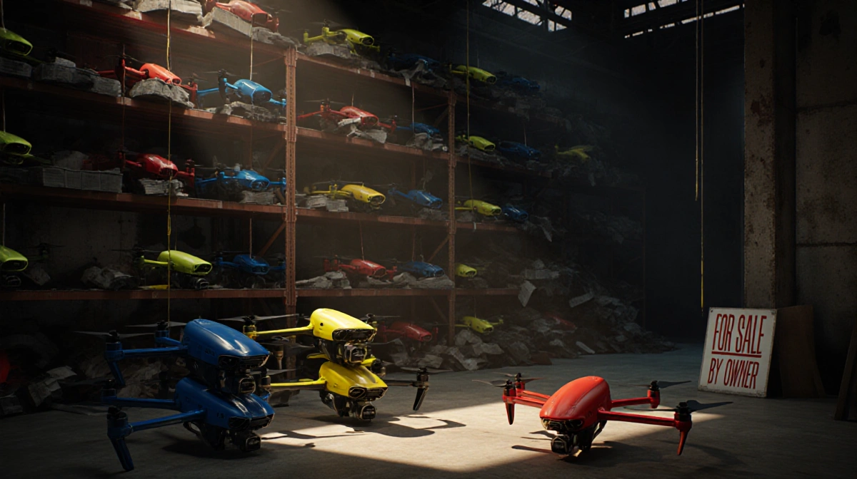 Abandoned warehouse stores rows of colorful drones with empty spaces showing recent removal and sale sign