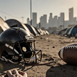 Abandoned football helmet rests beside a dusty ball with faint hand mark and blurred Los Angeles skyline and encampment.