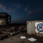 Abandoned gas turbine stands rusting with EPA logo crossed out and scattered papers on oil-stained concrete