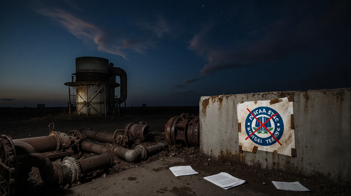 Abandoned gas turbine stands rusting with EPA logo crossed out and scattered papers on oil-stained concrete