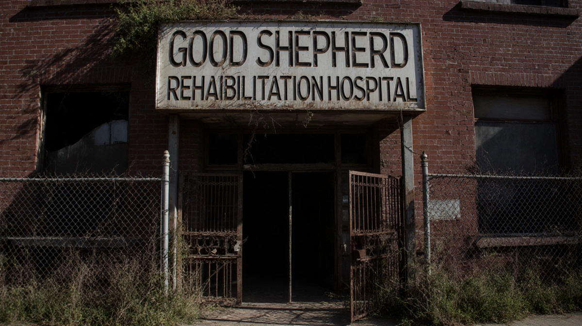 Abandoned Good Shepherd Rehabilitation Hospital building with broken fence and overgrown weeds showing urban decay