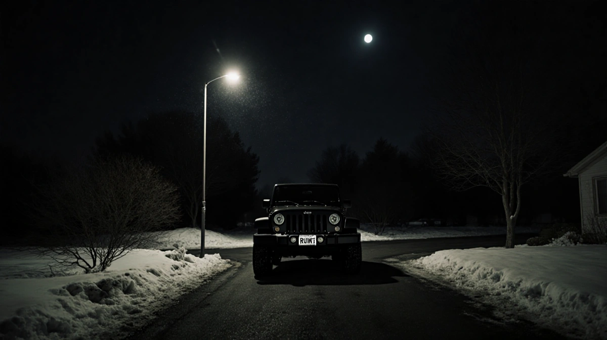 Abandoned Jeep stands on dim driveway with lone streetlight and moonlit sky with license plate RUNT 61 visible