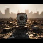 Abandoned lidar unit sits in disarray with circuit boards and golden light casting shadows across rusted machinery