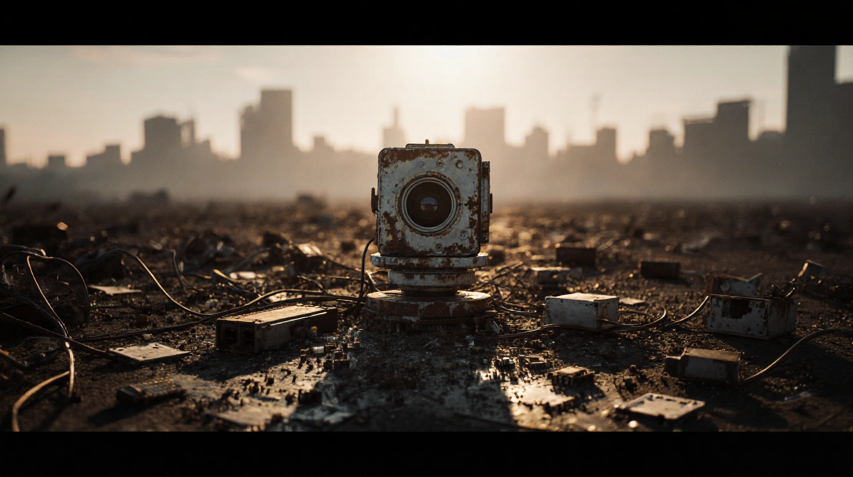 Abandoned lidar unit sits in disarray with circuit boards and golden light casting shadows across rusted machinery