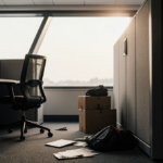 Chair pushed back from desk in abandoned office cubicle with warm light from futuristic window and scattered cardboard boxes