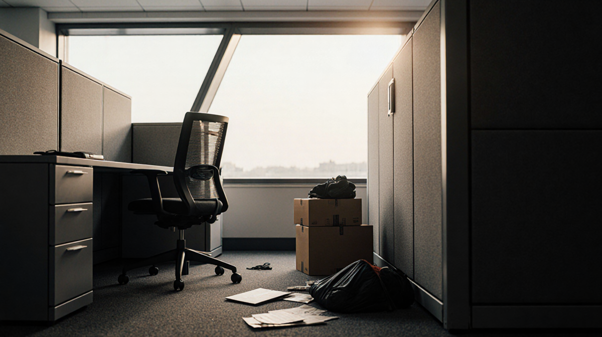 Chair pushed back from desk in abandoned office cubicle with warm light from futuristic window and scattered cardboard boxes