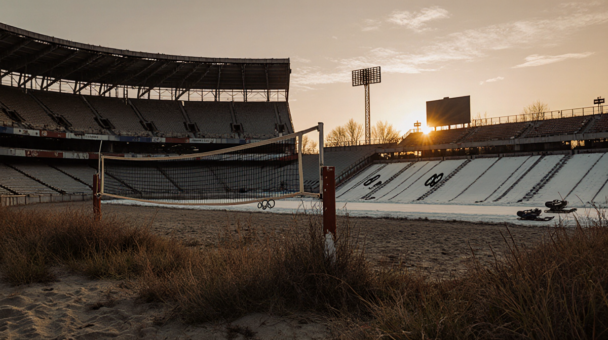 Skeletal Athens beach volleyball stadium standing with upright net and grass and Sarajevo winter track reflecting dusk light
