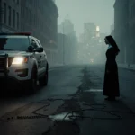 Police car headlights illuminate a nun