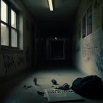 A bullet casing lies on the abandoned school hallway floor with shattered camera lens and newspaper showing lockdown headline