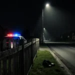 Abandoned shoes lie in grass beside weathered fence with police cruiser lights flashing at end of dark street