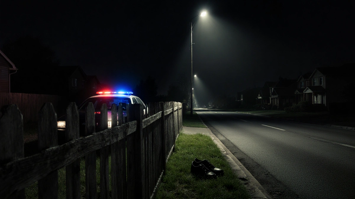 Abandoned shoes lie in grass beside weathered fence with police cruiser lights flashing at end of dark street