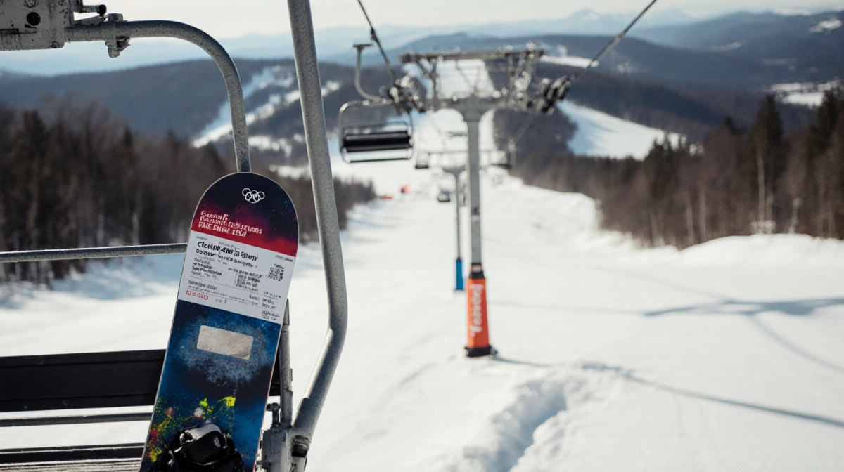 Abandoned ski lift ticket rests on chairlift with snowboard leaning nearby and medical tape on ski pole showing injury pause