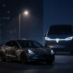 Tesla Model 3 sedan sits abandoned on deserted road with dim streetlight and massive BYD electric vehicle in cityscape at dus