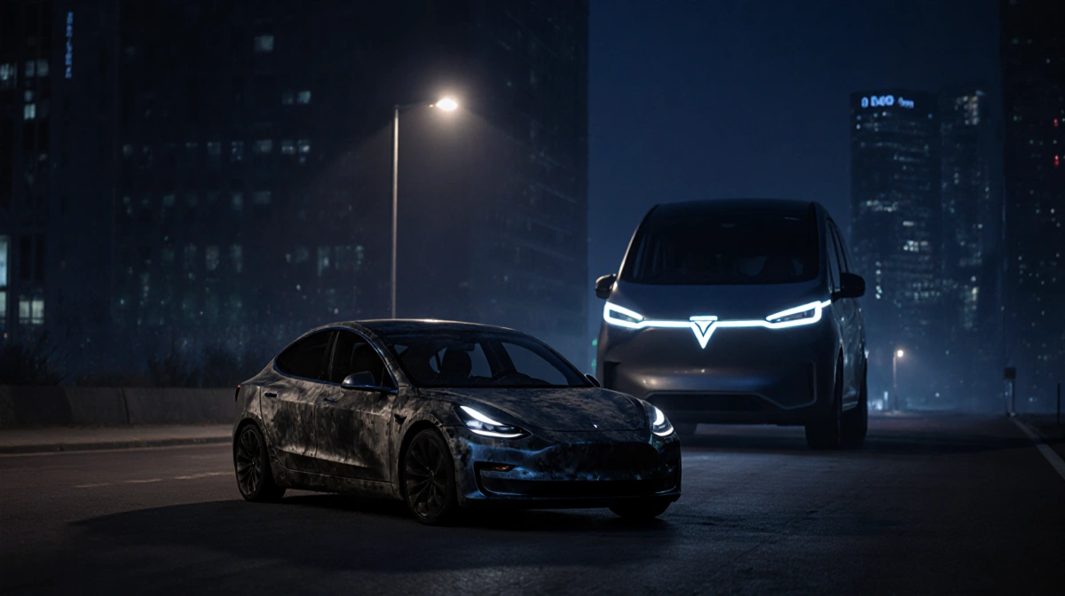 Tesla Model 3 sedan sits abandoned on deserted road with dim streetlight and massive BYD electric vehicle in cityscape at dus